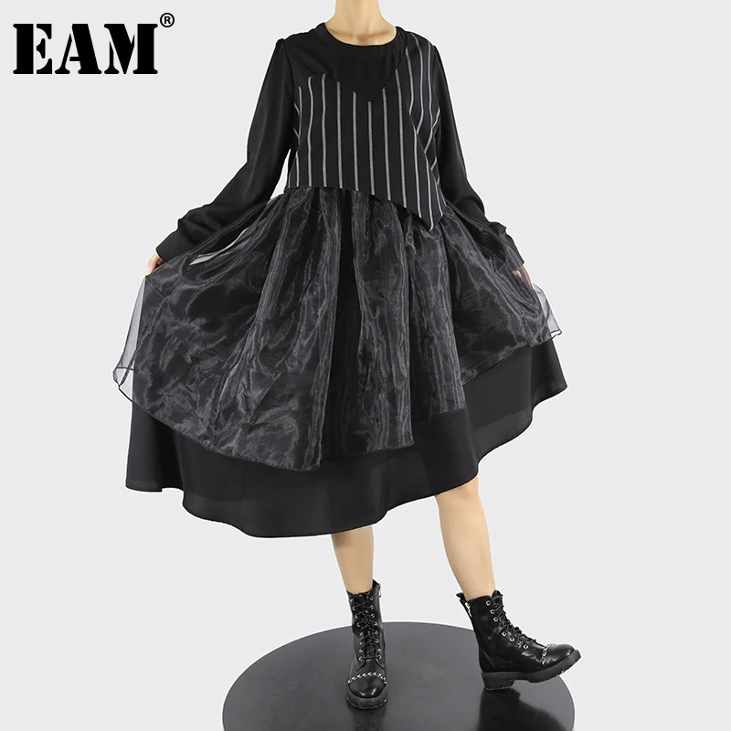 

[EAM] Women Black Striped Mesh Irregular Long Dress New Round Neck Long Sleeve Loose Fit Fashion Tide Spring Autumn 2022 1DE5901