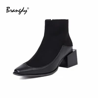 brangdy concise women western boots pu leather square toe women shoes mixed colors splicing women ankle boots zipper square heel