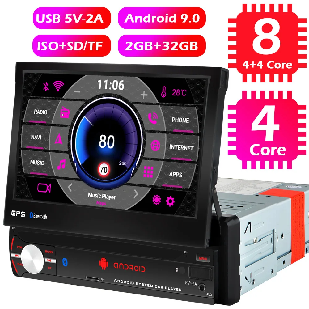 Автомагнитола 1 Din Android 9 0 GPS Wi Fi 8 ядер 4G стерео 7 дюймовый выдвижной экран Bluetooth
