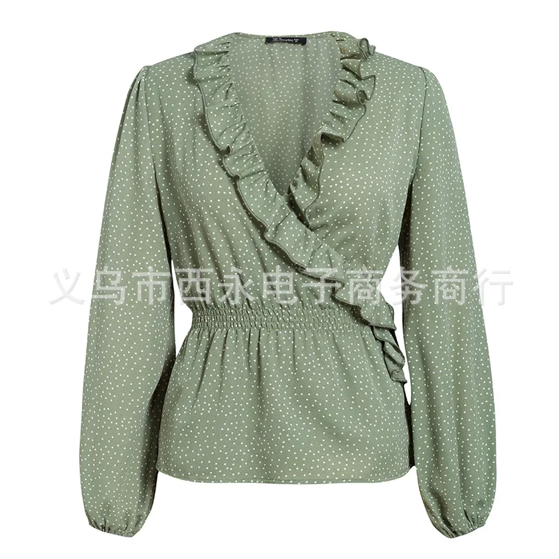 

Summer European and American New Casual Polka Dot Ruffled Lantern Sleeves Mid-Waist Versatile Mid-Length Shirt for Women