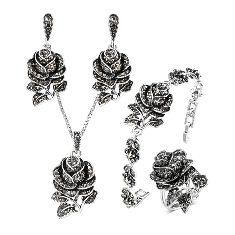 Kinel Fashion Tibetan Silver Vintage Wedding  Jewellery Set Black Crystal Rose Flower Ring Jewelry Sets For Women Party Gift images - 6