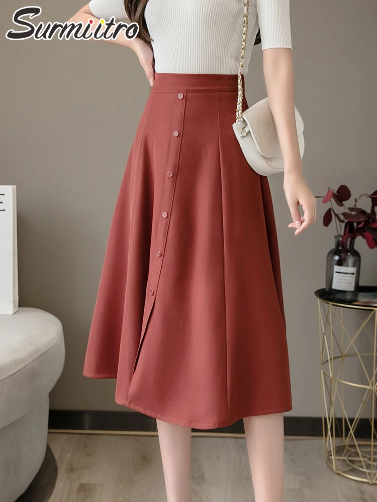 

SURMIITRO 2022 Spring Summer Korean Fashion Women Red Black Midi Long Office Lady High Waist A Line Suit Split Skirt Female
