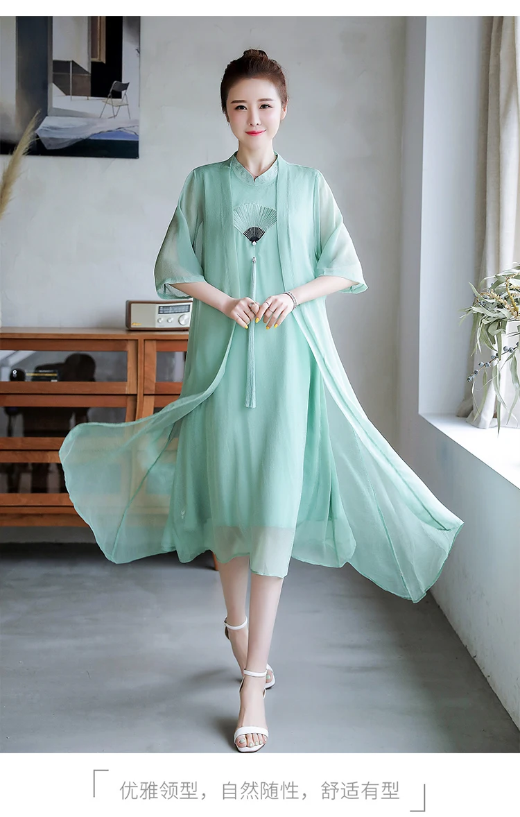 Весна Осень улучшенный Cheongsam 2 шт платье и кардиган свободные большие размеры шифоновые платья милые кисточкой винтажное женское платье