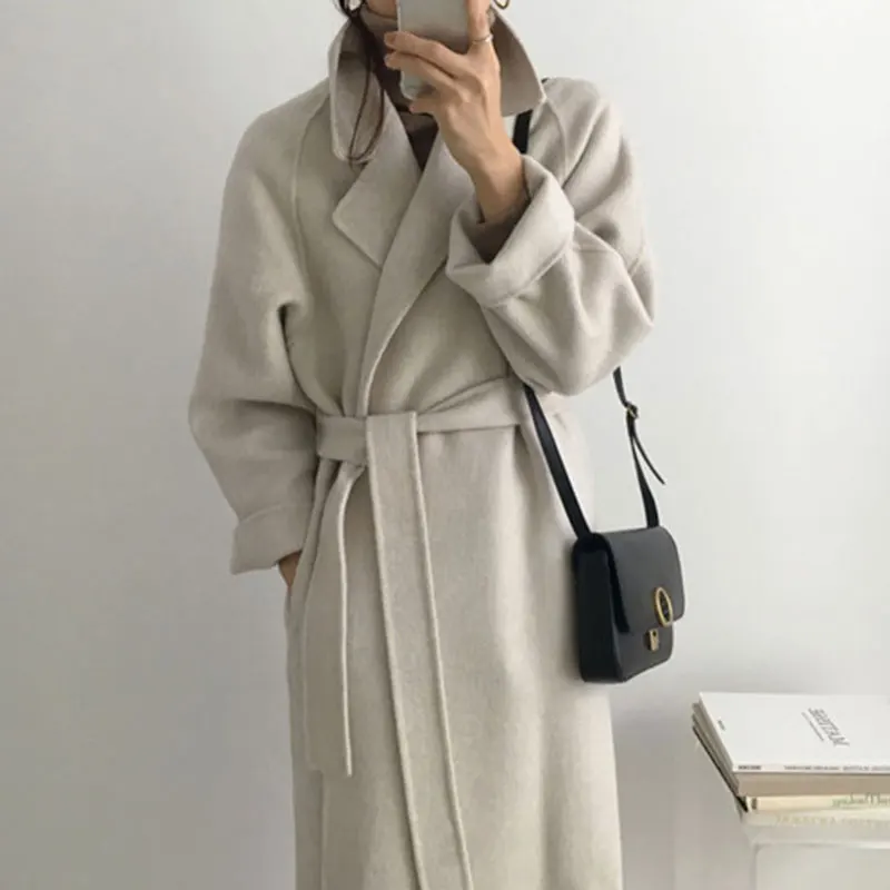 

Korean Warm Wool Coats Women Autumn Winter Vintage Cashmere Overcoat Women Clothes Fashion Elegant Belt Long Coats Female Tops