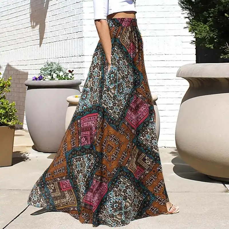 

2021 Summer Bohemian Long Skirt ZANZEA Printed A Line Skirts Women Elegant Loose Bottoms Fashion Casual High Elastic Waist Skirt