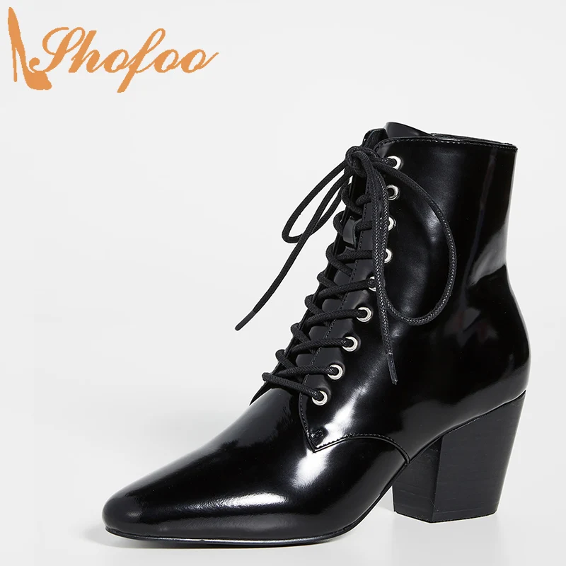 

Ботинки женские из лакированной кожи, высокий массивный каблук, круглый носок, на шнуровке, ботинки на молнии, модная обувь, большие размеры 13 15, черные