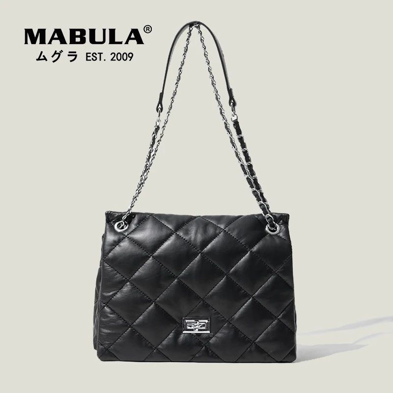 

MABULA Branded Design Quilted Flap Shoulder Bag For Women Soft Leather Padded Crossbody Purse with Metal Chain Sqaure Handbag