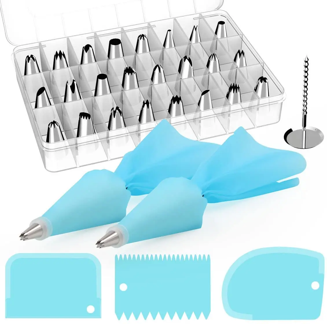 

Pastry Sockets, 32 Pieces Stainless Steel DIY Kits, 24 Sockets, 2 Reusable Socket Pockets, 2 Couplers, 1 Nail, 3 Cream Scraper
