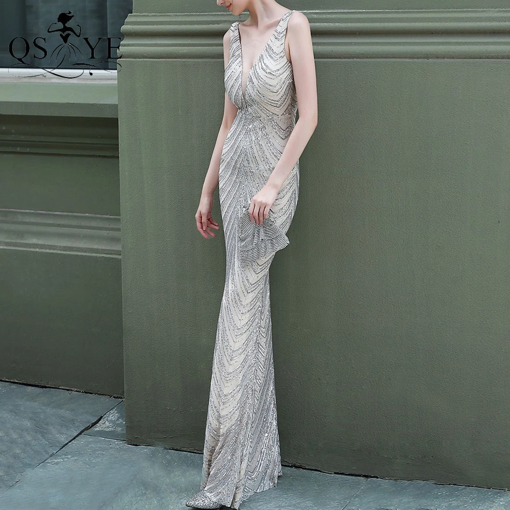 

Long Silver Prom Dresses Sequin Mermaid Evening Gown Sexy V Neck Formal Party Dress Sleeveless Fit Women Prom EveninGown Vestido