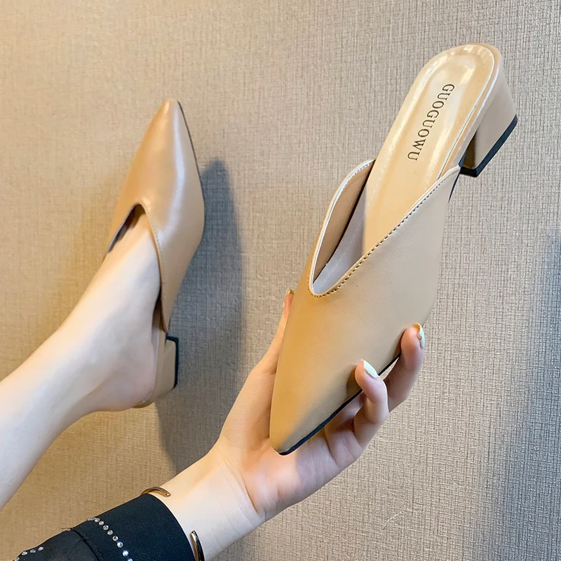 

2020 Summer Lady Slipper Fashion Women Pointed Toe Slipper Nude Square 5cm Heels Outsides Ladies Slides Beach Mules Shoes