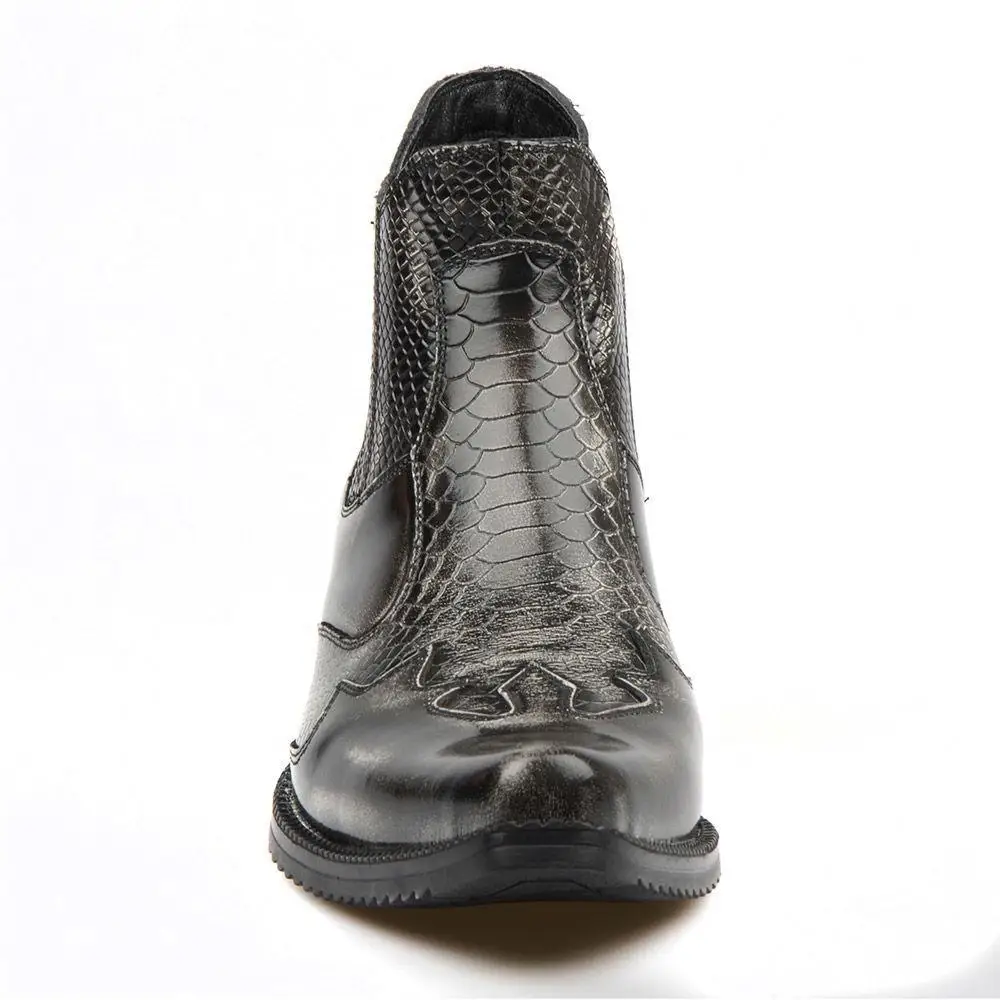 

FootCourt- Black White Grey Cowboy Ankle Boots For Men Vintage Snip Toe Texas Boots Stretch Men Western Boots Genuine leather