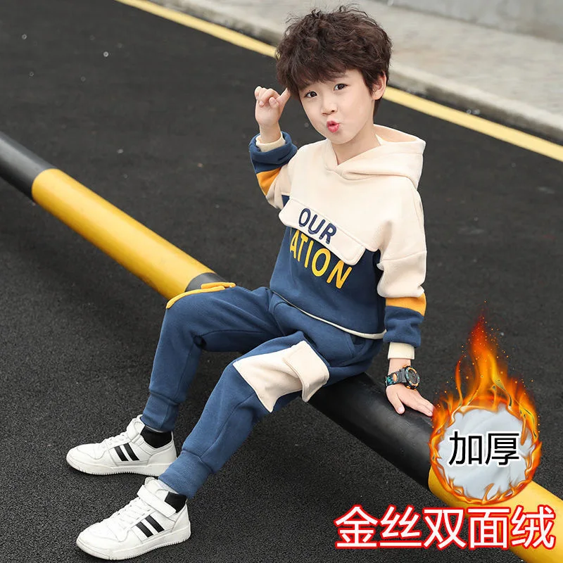 Conjunto de sudadera con capucha y pantalones de terciopelo para ni&ntilde;os, ropa de 2 piezas, Oto&ntilde;o, 2021-3