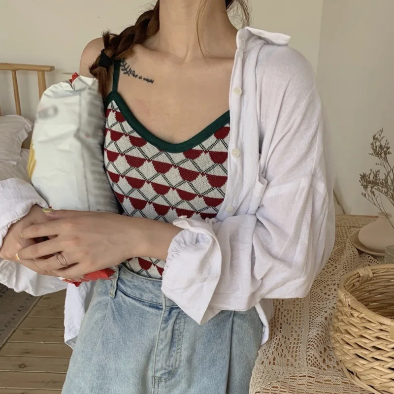 

Women Summer Korean Style Sexy Slim Knit Bottoming Geometric Tops Simple Casual Patchwork Color Camisole