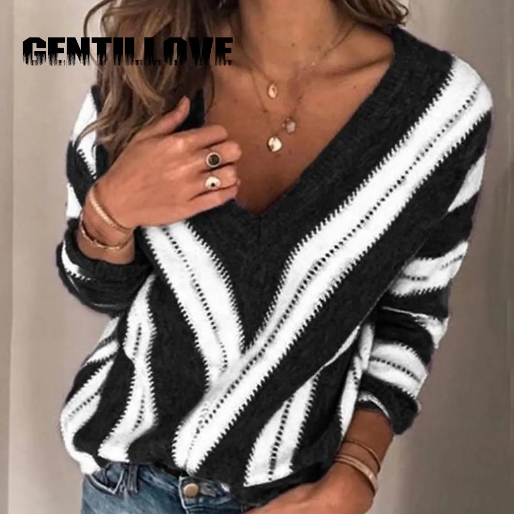 

Sexy V-Neck Striped Knitted Sweater Patchwork Vintage Pullover Famel Kniting Wear Tops Autumn Winter Jumpers Pull Femme Hiver