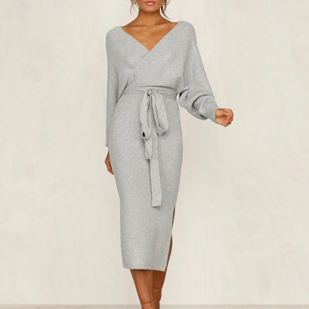 Осень 2019 женское трикотажное платье-свитер с длинным рукавом двойным v-образным