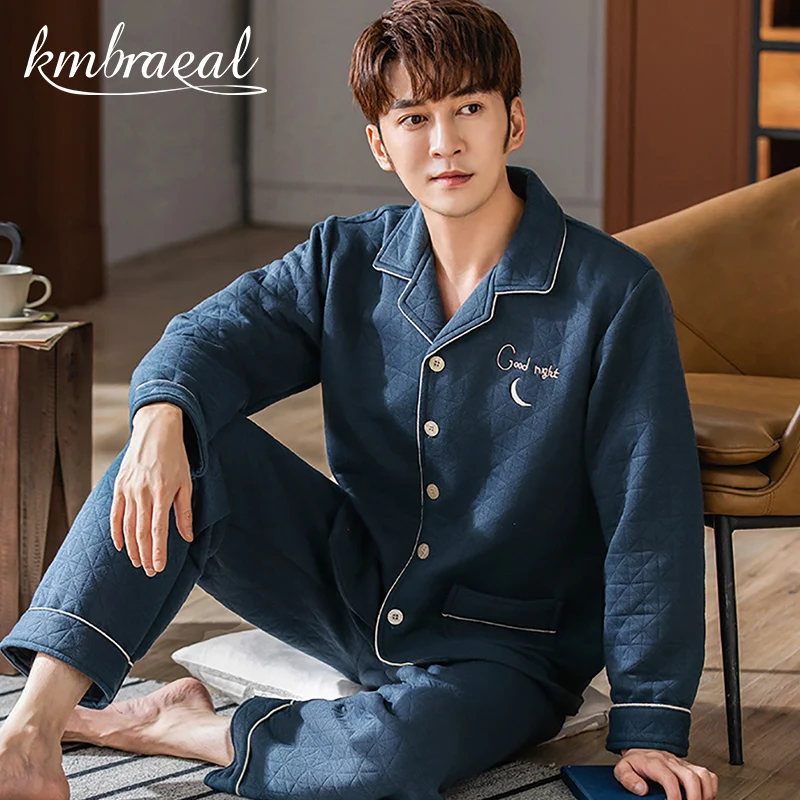 

Зимняя теплая Толстая Мужская пижама, повседневные пижамные комплекты, дышащая хлопковая прослойная Пижама с вышивкой и эластичной талией,...