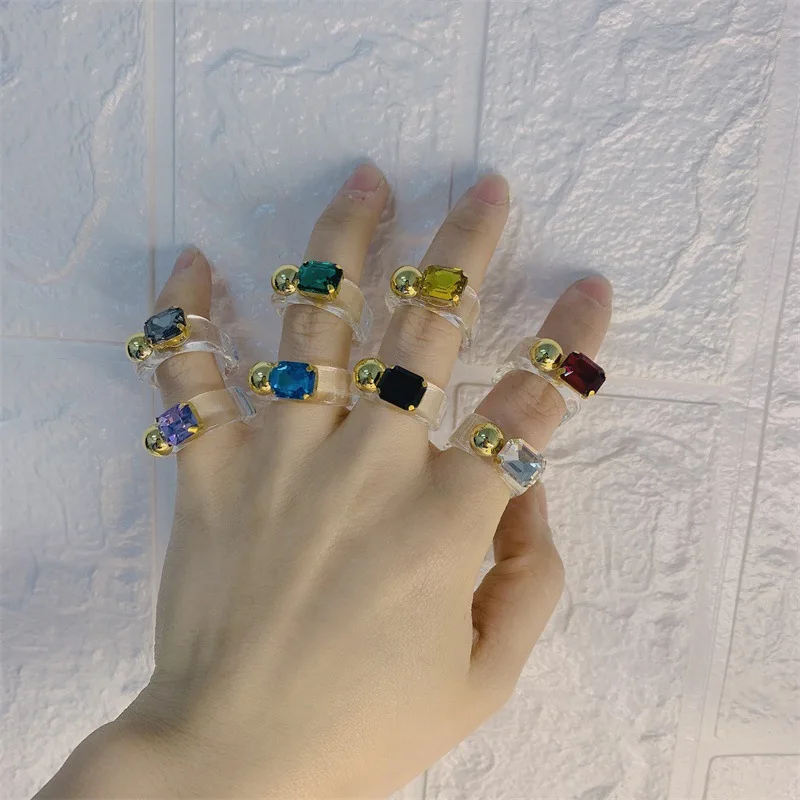 

New Golden Bead Transparent Resin Acrylic Square Rings For Women Girls Couple Jewelry Trendy Travel Party Gift Finger Ring