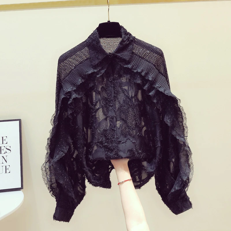 

Sequins Lace Ruffles Patchwork Blouse Women Korean Modis Shirt 2020 Long Sleeve Black White Tops