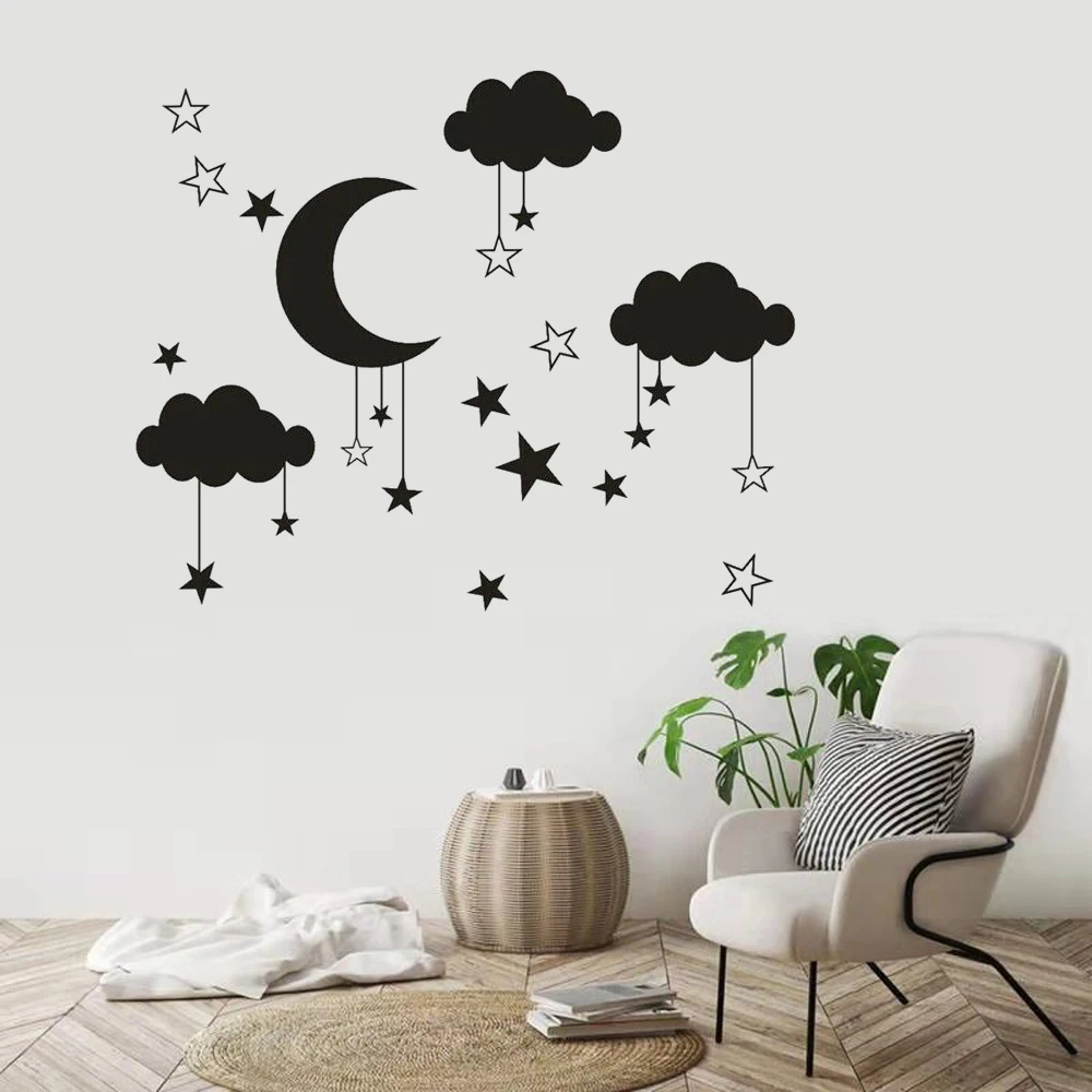 Детские Облака Звезды стены Стикеры Виниловый фон с изображением Луны Настенная