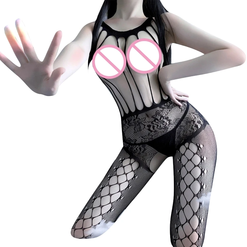 

CPDD Women Erotic Hollow Out Open Cup Bodystockings Sexy Halter See-Through Floral Lace Bodysuit Crisscross Fishnet Crotchless