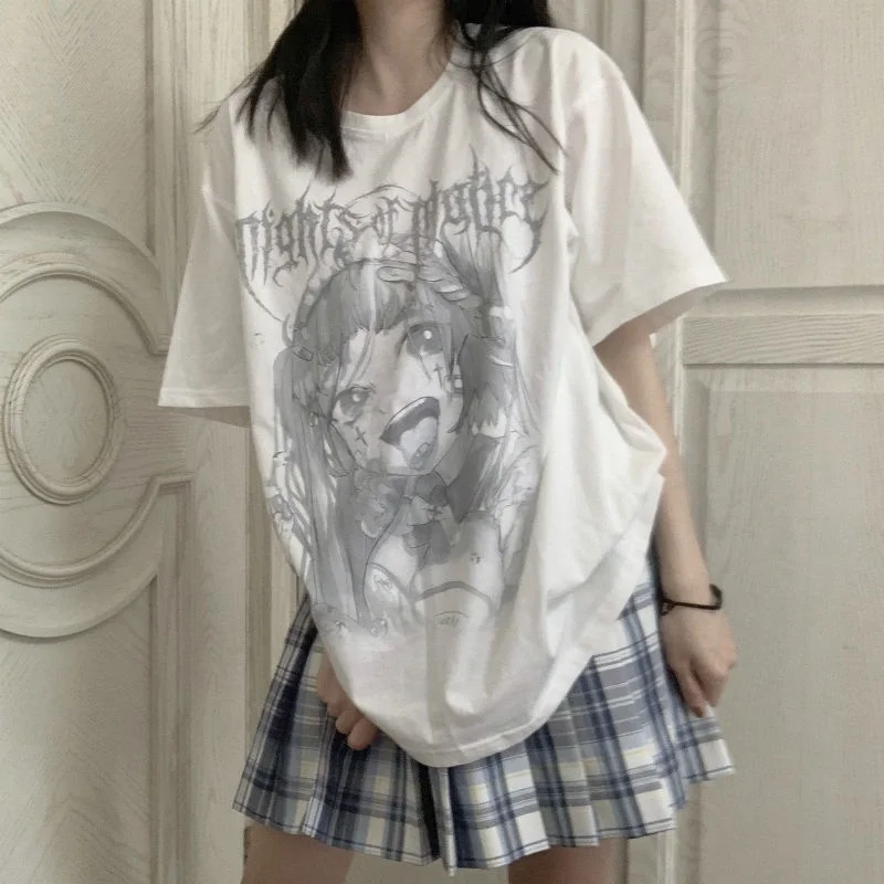 

Japanese summer cartoon dark casual gothic tees hip-hop letter print Ulzzang short-sleeved casual Vintage tops Harajuku T-shirt