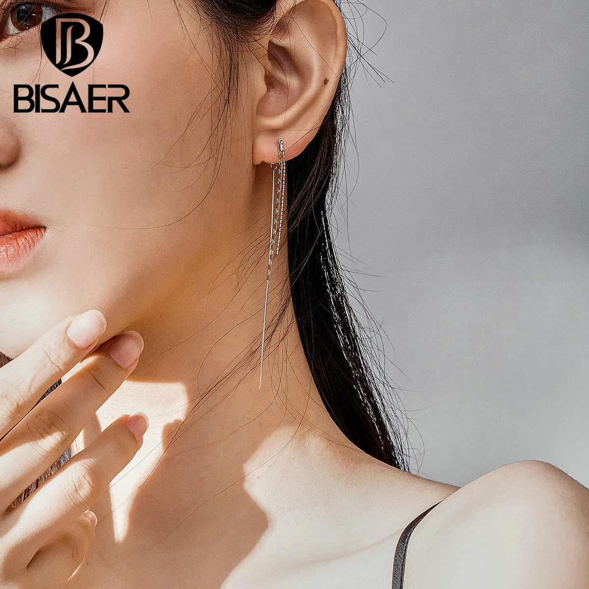 Простые серьги, BISAER, 925 пробы, серебряная кисточка, длинная цепочка, женские серьги-гвоздики, простой стиль, Стерлинговое Серебро, ювелирное изделие ECE790