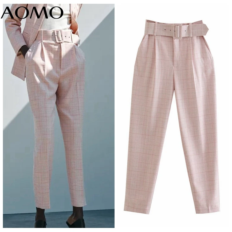 

AOMO 2021 Fashion Women Pink Plaid Suit Pants Trousers with Belt Office Lady Elegant Pants Pantalon 4N74A