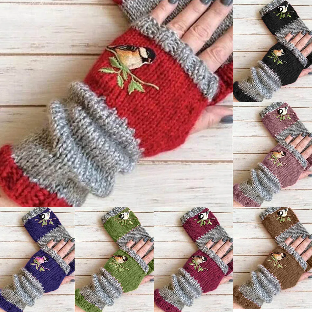 

Women Birds Embroidery Gloves Knitted Fingerless Plus Velvet Color Block Splice Mittens Womens Gloves Rekawiczki Damskie #T1P