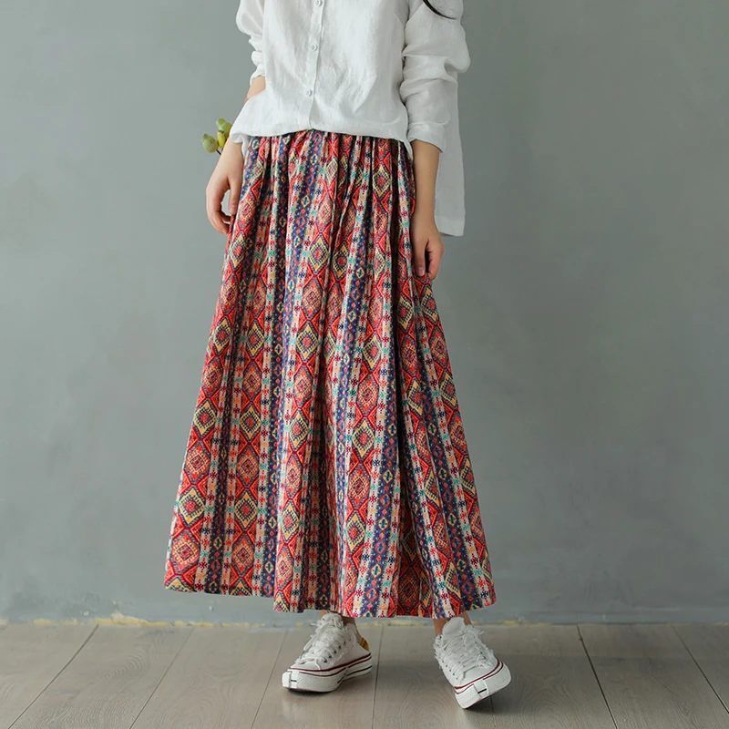 

Vintage bohemian colorful geometric print elastic drawstring long cotton linen skirt 3286-YP