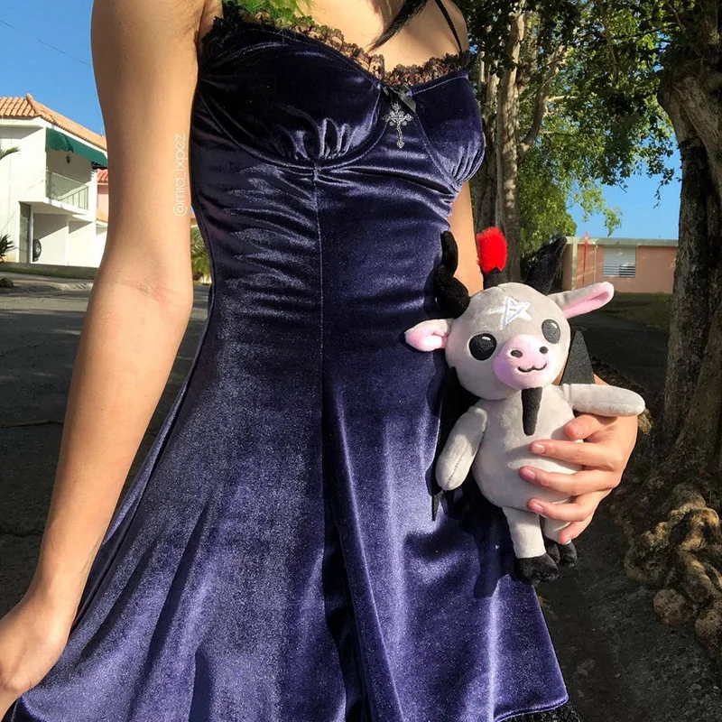 

Women Punk Mini Dress Summer Spaghetti Strap V-Neck Hight Waist Slim A-line Dress Patchwork Purple Party Lace Vintage Dress 2021