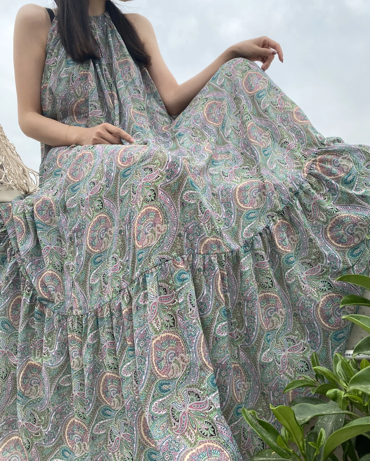 UK Boho Paisley Print Cut-Shoulder Halter Maxi Dress Retro Tieneck Graphic A-Line Dropped Waist Loose Oversized Vacay Beach Gown | Женская