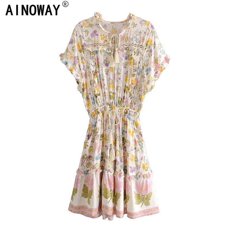 Женское винтажное платье с цветочным принтом коротким рукавом и V-образным