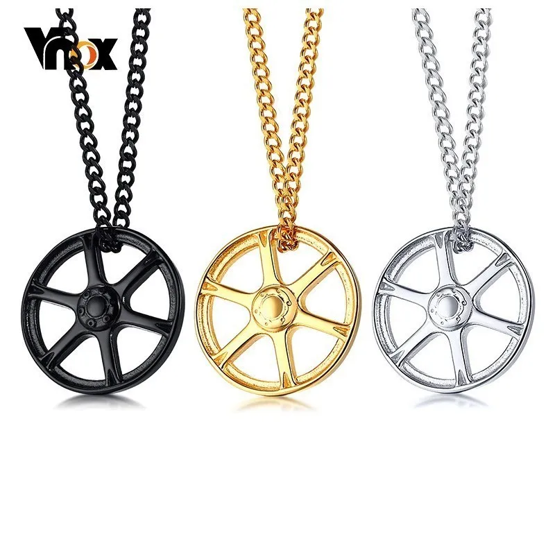 Vnox Cool Racing Car Wheel Necklaces for Men Jewelry Gold and Black Tone Stainless Steel Tire Style Pendant Male Collar | Украшения и