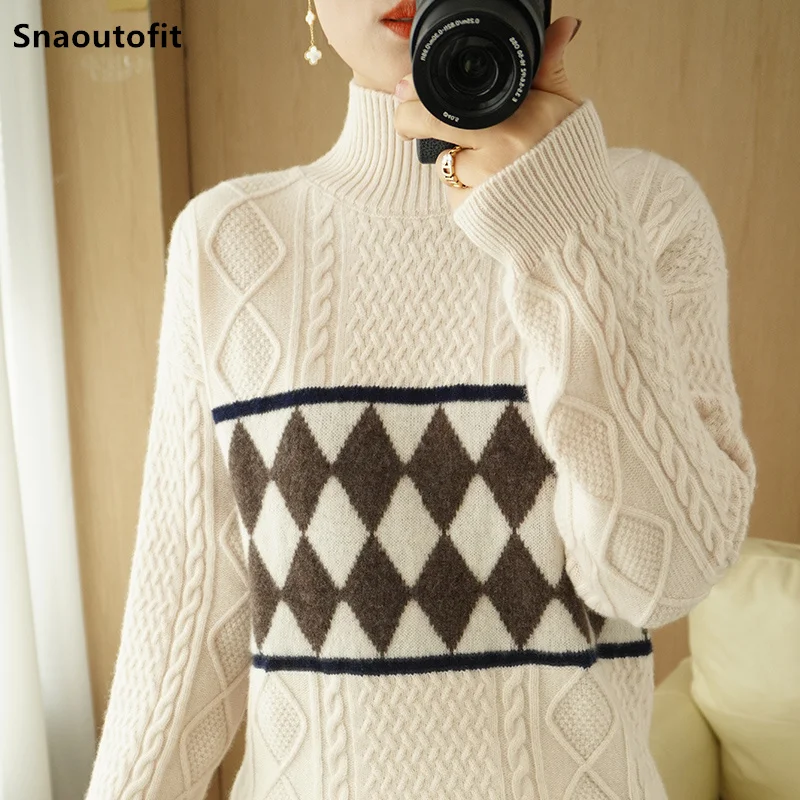 

2021 Autumn and Winter New Women High Collar Pullover Fashion Jacquard Knitted Sweater Contrast Color 100% Wool Bottoming Shirt
