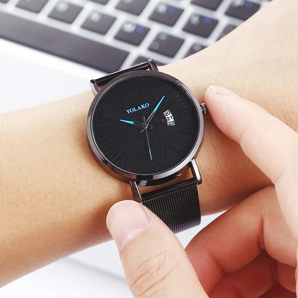 Мужские часы топ-бренд роскошные черные из нержавеющей стали с сетчатым ремешком