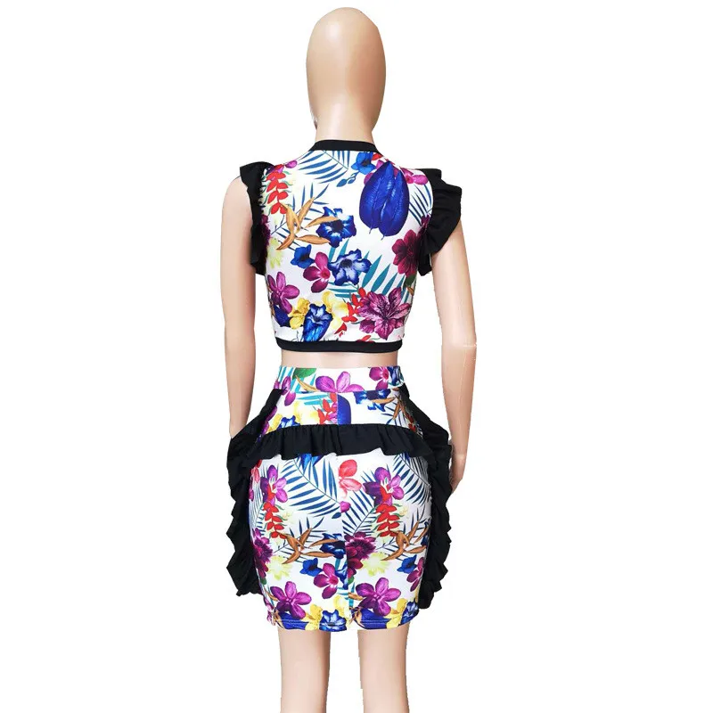 

Womens Two Piece Sets 2021 Summer Ruffle Crop Top and Bodycon Mini Skirt Set Floral Print Sexy 2 Piece Set Women Matching Sets