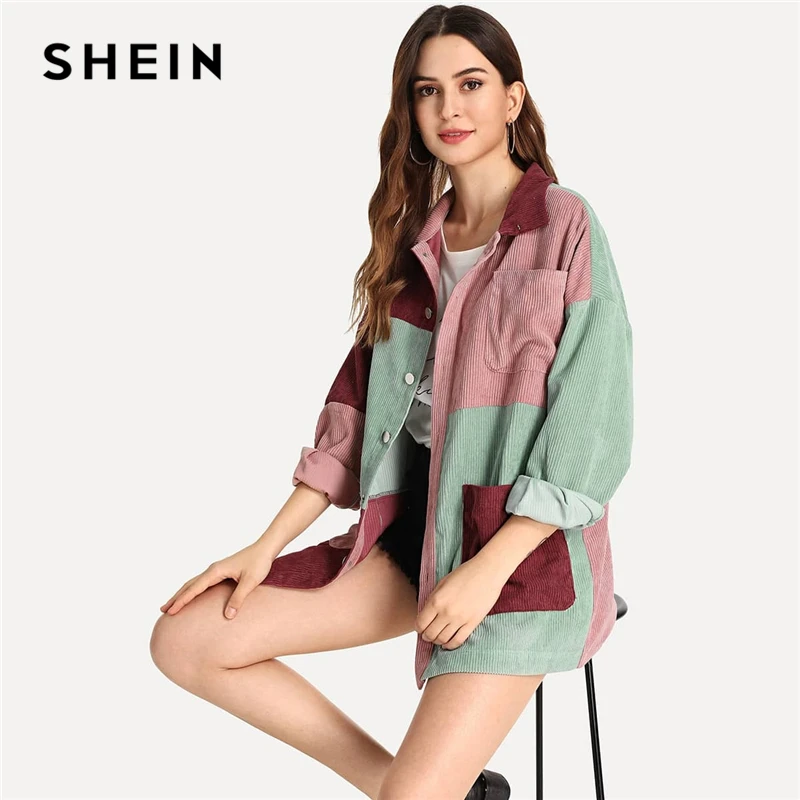 SHEIN повседневное многоцветное пальто с карманами спереди, вельветовое однобортное пальто, Осеннее Современное женское пальто, верхняя одежда