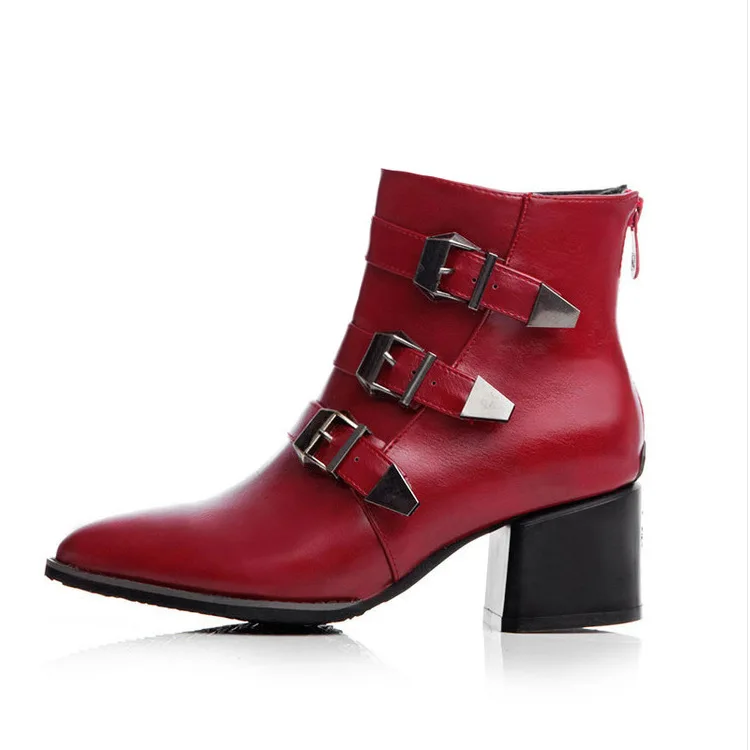 

2020 Autumn New Martin Boots Women Pointed Toe Chunky Heel Semi-High Heeled Belt Buckle Bootie Zip Padded Ankle Boots