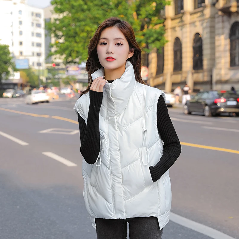 

KUYOMENS Cotton Winter Warm Vest Jacket Women Sleeveless Vests New Zipper Pocket Stand-up Collar Cotton Waistcoat Gilet Female