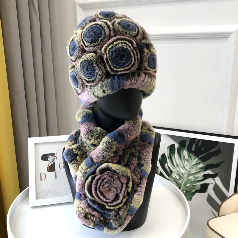 Зимний женский теплый вязаный шарф из натуральной кожи и прямого кроличьего меха