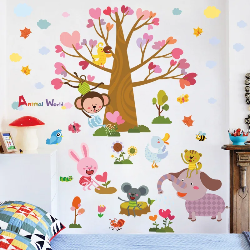 

Cartoon monkey elephant small animal tree planting wall sticker children's room bedroom background decoration sticker