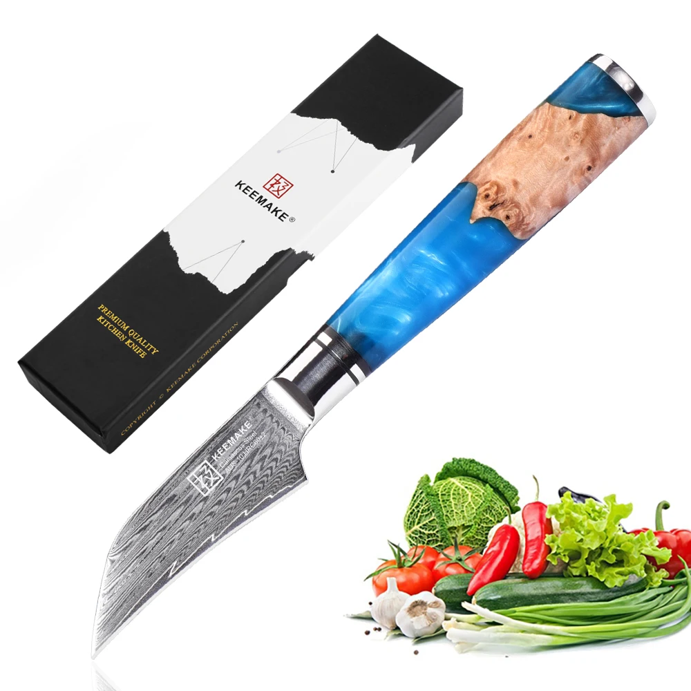 

KEEMAKE 3'' Peeling Knife Japanese Damascus AUS-10 Steel Core Sharp Blade Kitchen Knives Blue Resin Handle Fruit Paring Cut Tool
