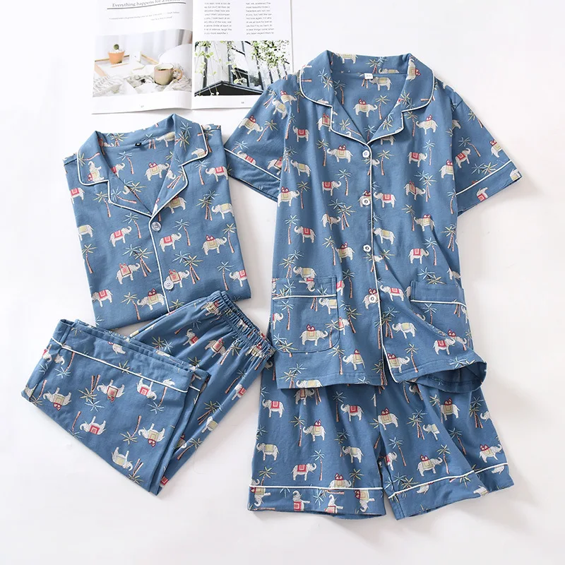 

Summer Cotton Short-Sleeved Couple Pajamas Turn-down Collar Women and Men Homewear Set Cartoon Printing Two Piece Home Clothes