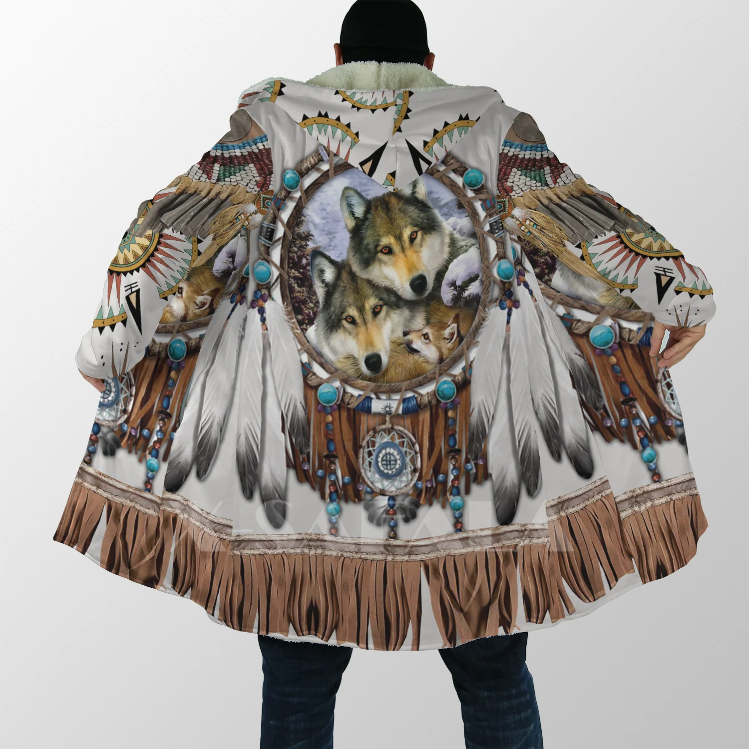 

Thick Warm Hooded Cloak for Women Men Native Wolf Skull Chief Overcoat Coat Windproof Fleece Cape Robe Hooded Blanket-4