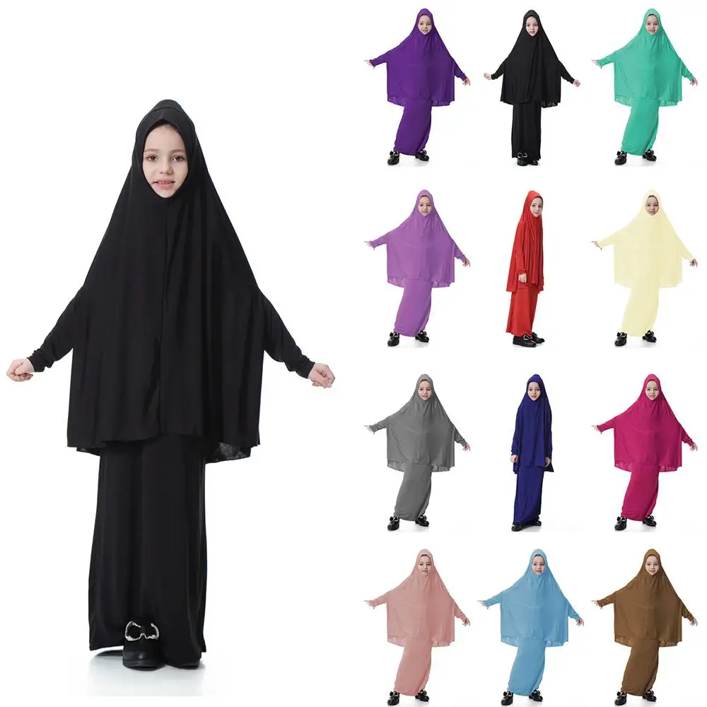 

2 Pcs Muslim Kids Girls Arab Kaftan Dubai Prayer Robe Islamic Abaya Hijab Big Scarf + Skirt Burka Clothing Suit Solid Ramadan