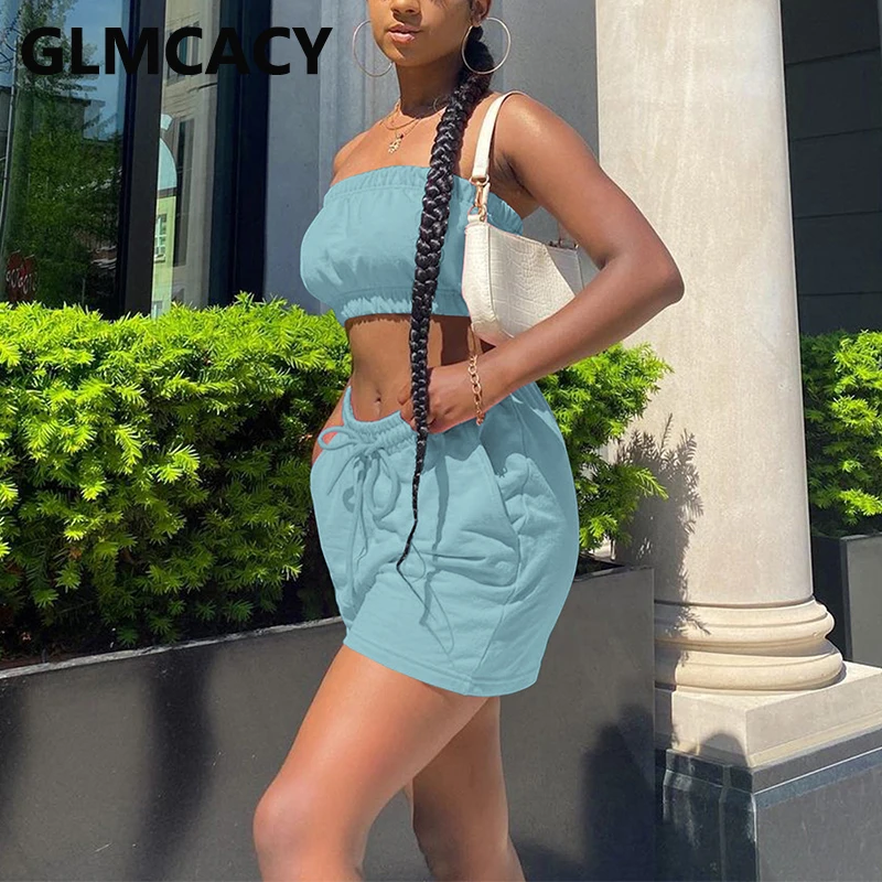 

2 Pieces Shorts Women Tube Top & Elastic Waist Shorts