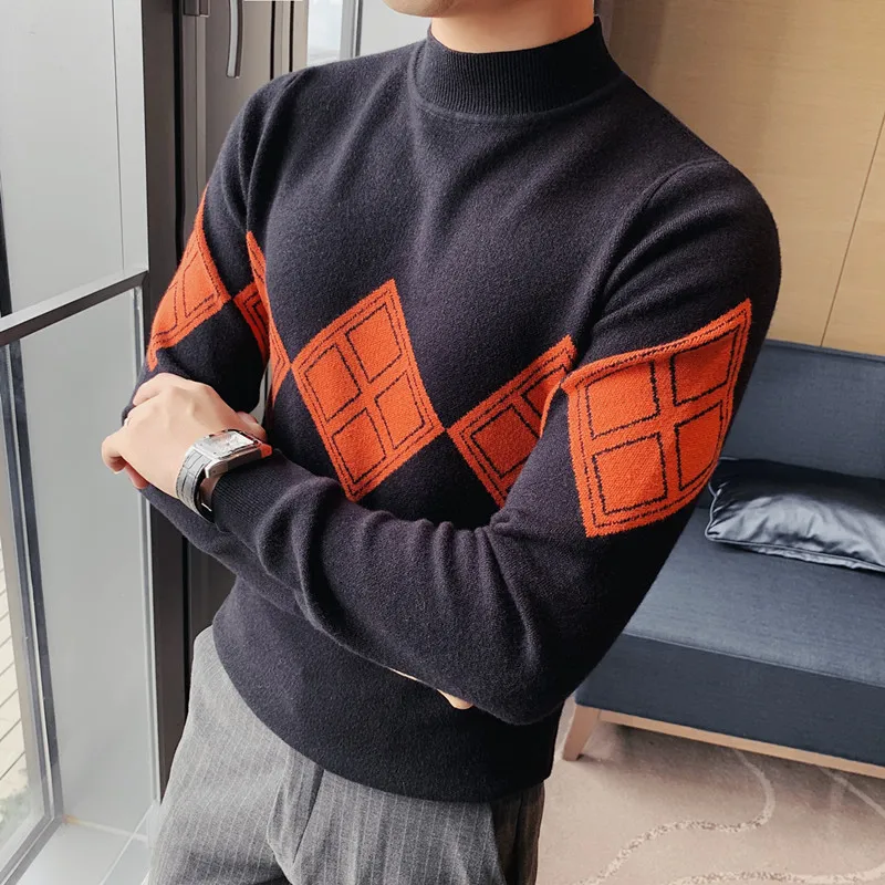 Autumn Men Sweater British style High Street Knitted Sweater Loose Pullovers High collar Oversize Casual Slim fit Male Sweaters