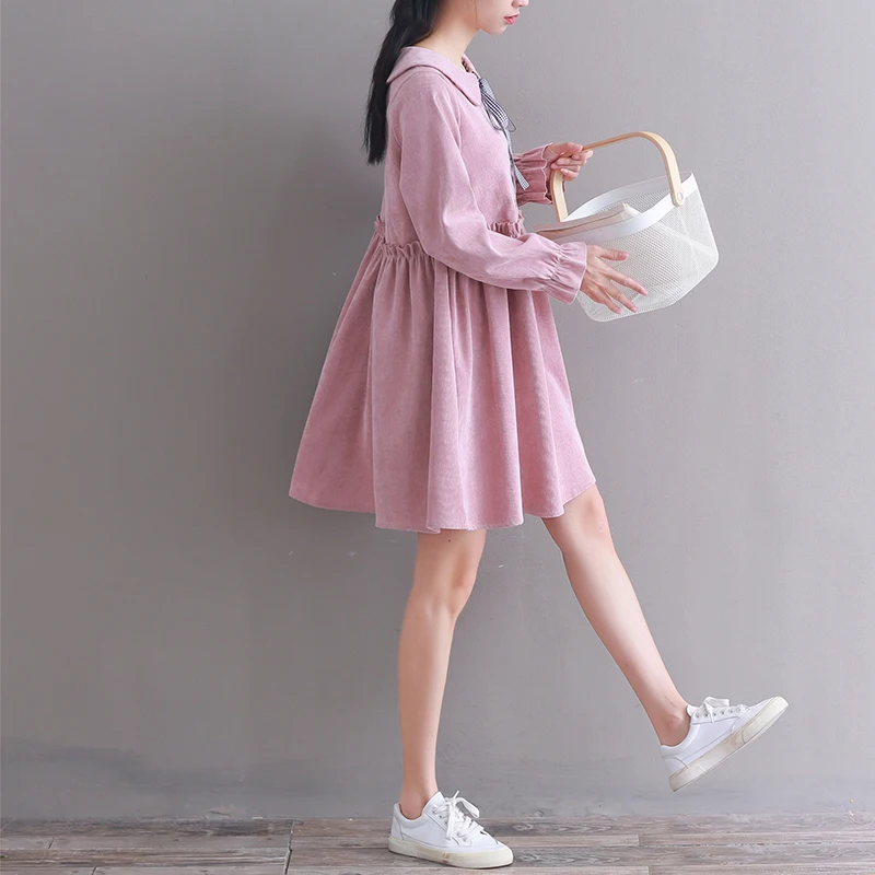 

Japanese Mori Girl Cute Corduroy Solid Dress Peter Pan Collar Casual Loose Mujer Vestidos Flare Sleeve Sweet Kawaii Girl's Dress