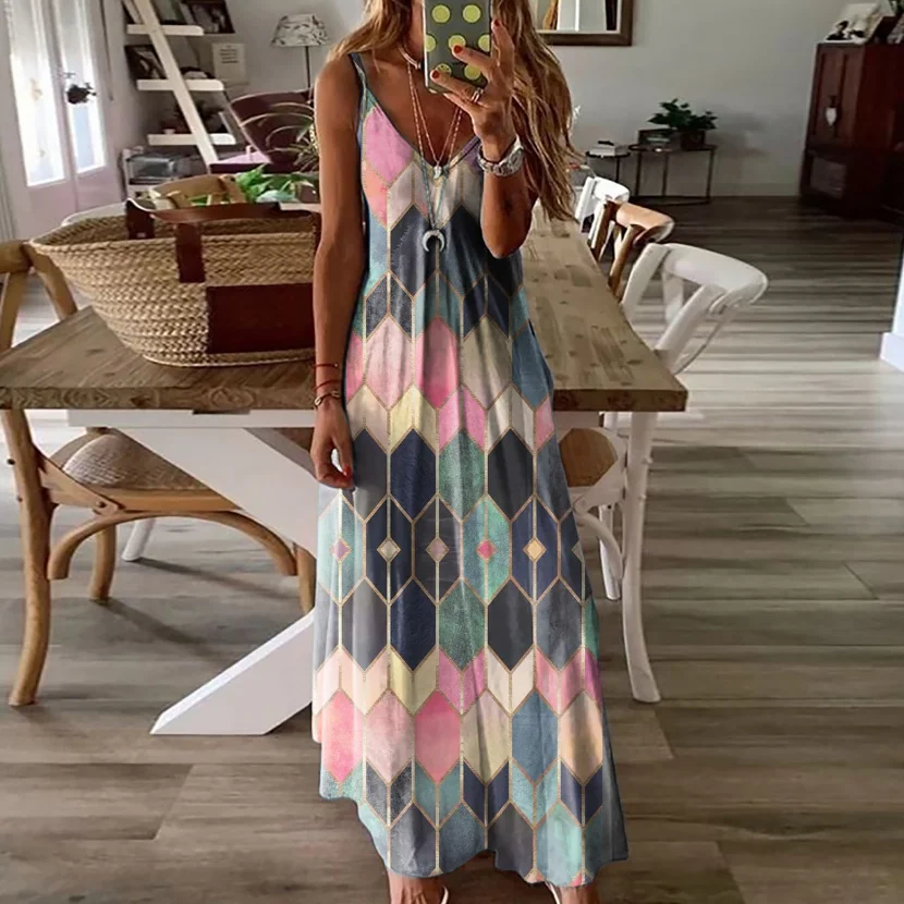

Women Summer Casual Printed Camisole Long Dress Irregular Printing, Color Contrast, Stitching Natural Waist Skirt