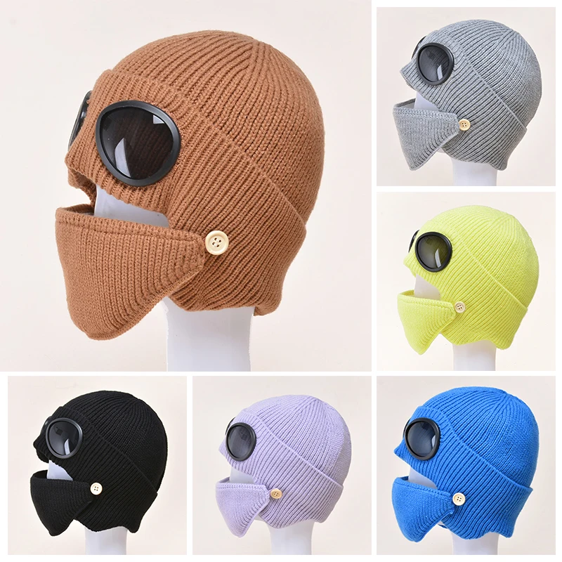 

Autumn Winter Pilot Style Knitted Hat Glasses Ear Cap Thickened Warm Wool Windproof Ski Caps with Glasses Hat Mask Knitted Hats